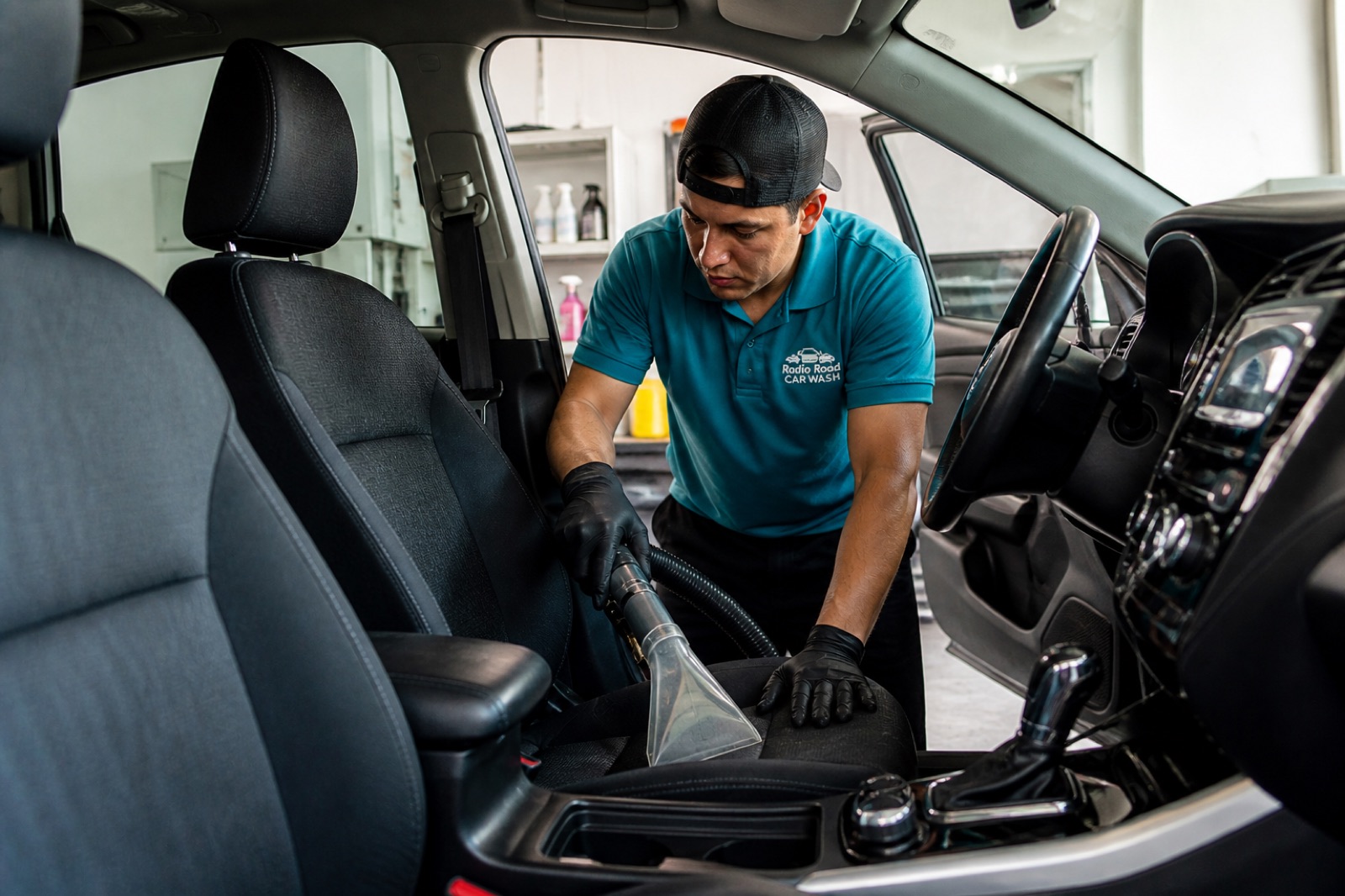 Radio Road technician in teal team shirt hand-vacuuming the interior of a customer's SUV.